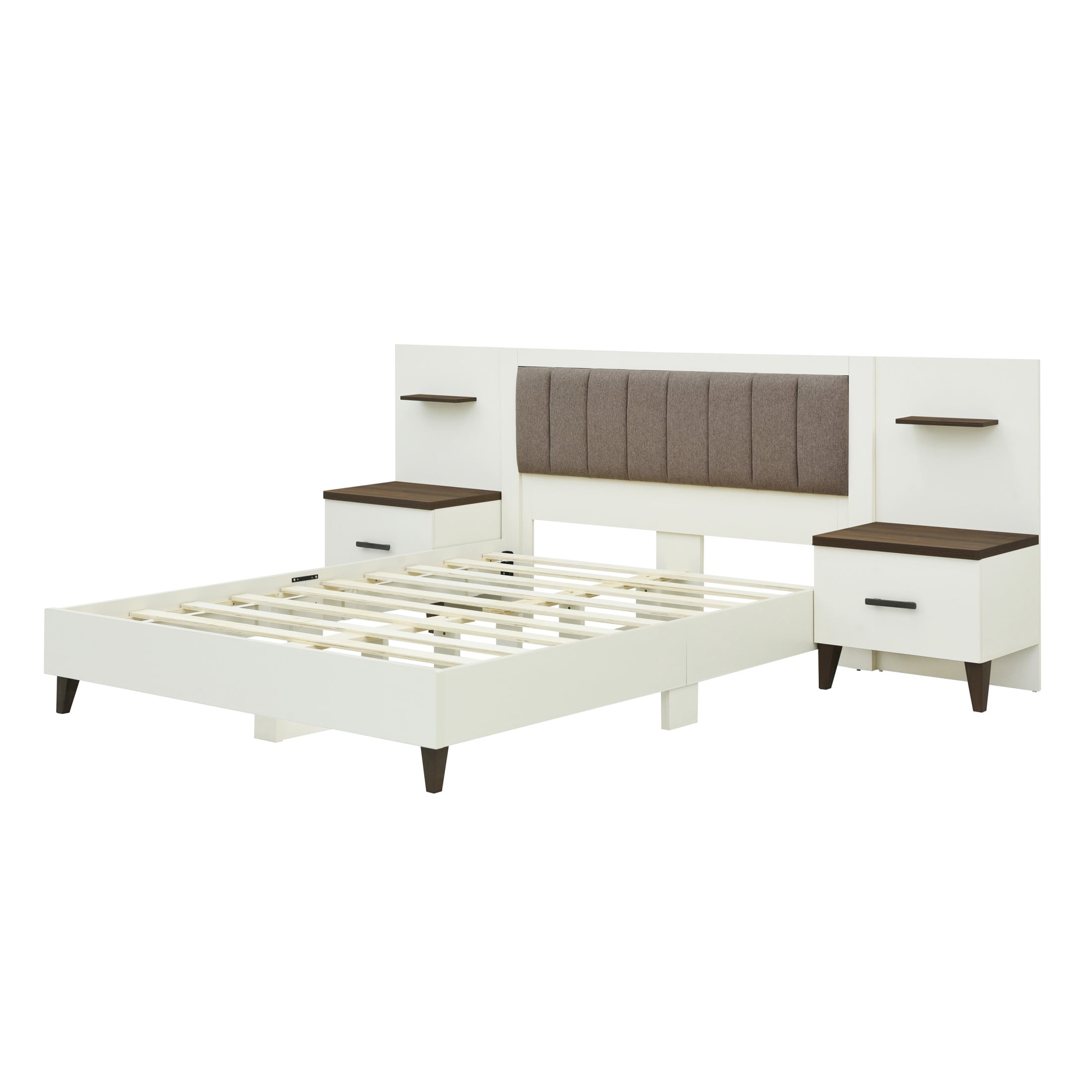 Christopher Knight Home Upholstered Queen Bed Frame with 2 Nightstands & Floating Shelves, Brown+White