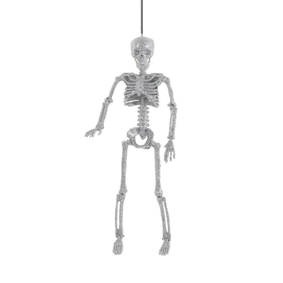 15.7" Glitter Silver Poseable Hanging Skeleton - Sparkling Halloween Decor for Indoor/Outdoor Haunted House, Graveyard & Party Displays with Movable Joints