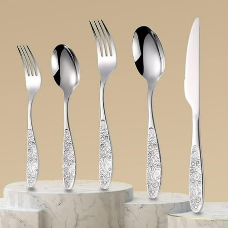 

Silverware Set for 10 Premium Stainless Steel Flatware Set 50 Piece Modern Cutlery Flatware Utensils Set Embossed Decoration Include Knifes Forks and Spoons for Home Kitchen Wedding Restaurant