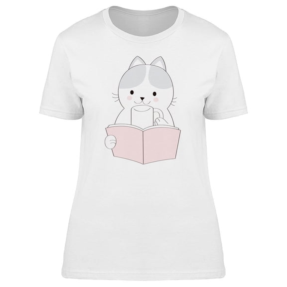 Cat Reading Book With A Cup Tee Women's -Image by Shutterstock