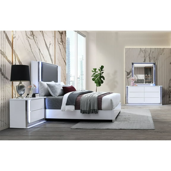 YLIME SMOOTH WHITE QUEEN BED GROUP FULLY SLATTED W/ VANITY SET