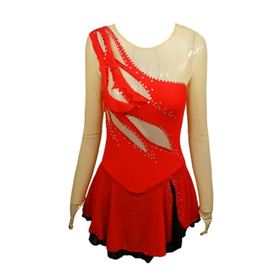LIUHUO Customized Red Spandex Figure Skating Dress for Girls & Women - One - Shoulder with Red - Black Layered Skirt