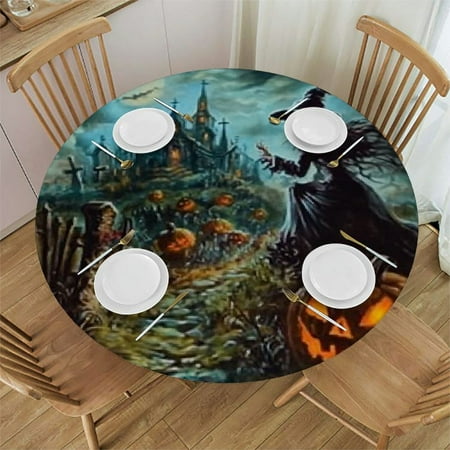 

Tllo0ord Halloween Turquoise Round Tablecloth with Elastic Edge Horror Halloween Round Fitted Table Cover Waterproof Round Table Cloths for Pattry Patio Dining Kitchen Outdoor (Fit for Table) 42 -46