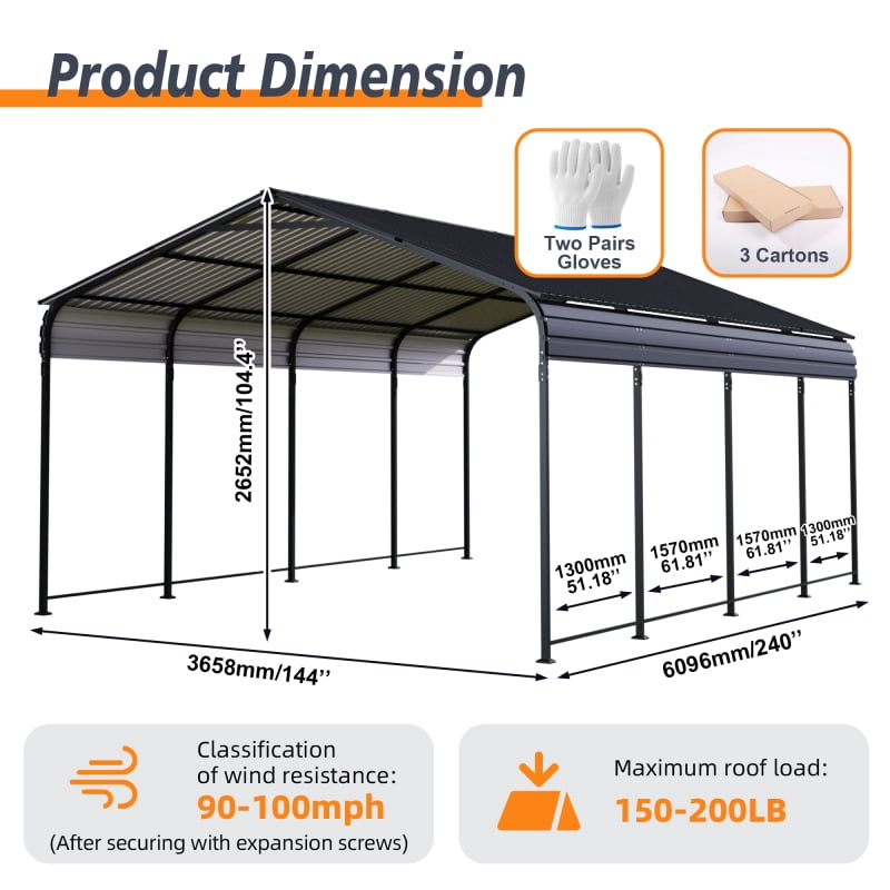 12x20 FT Heavy Duty Metal Carport with Galvanized Steel Roof & Reinforced Base – Outdoor Shelter for Cars, Trucks, Boats – Gray