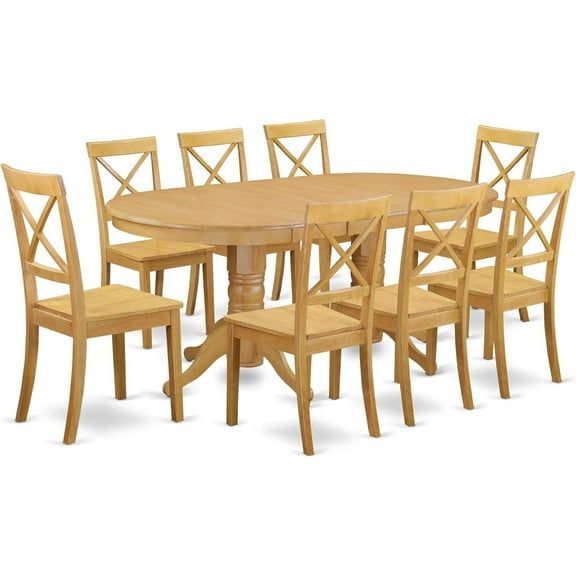 HomeStock 9 Piece Modern Dining Table Set Includes an Oval Wooden Table with Leaf and 8 Dining Room Chairs, 40X76 Inch, Oak