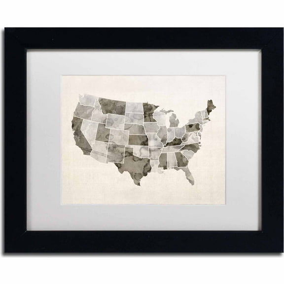 Trademark Fine Art "United States Watercolor Map" Canvas Art by Michael Tompsett, White Matte, Black Frame