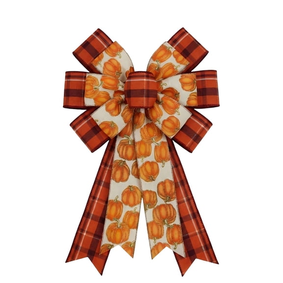 Fall Harvest Season Thanksgiving Bow Wreath Accessory Vintage Plaid Pumpkin Maple Leaf Ribbon Bow Indoor Fall Home Decoration