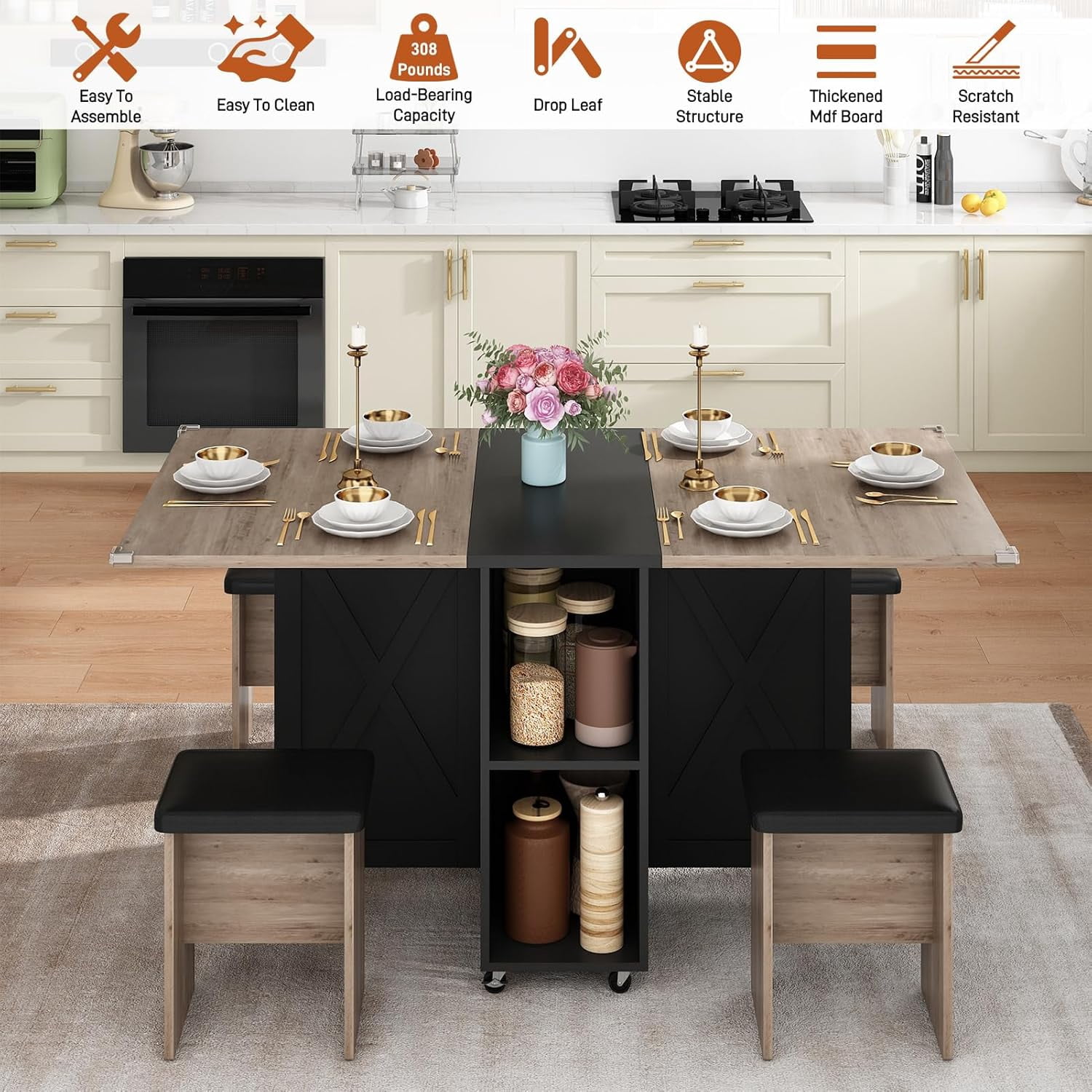 Blotout 5 PCS Farmhouse Dining Table Set for 4, 60'' Large Folding Dining Table Set with 4 Leather Chairs,6 Wheels, Drop Leaf Foldable Kitchen Table with 2-Layer Storage Shelf for Small Spaces, Grey