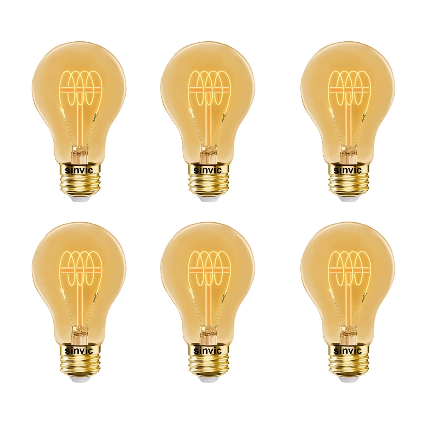 Sinvic A19 Vintage LED Bulb (6 Pack) 4W (Equiv.40W) Dimmable No Flicker 320LM 2200K Amber E26 Base Ultra-Thin Spiral Filament