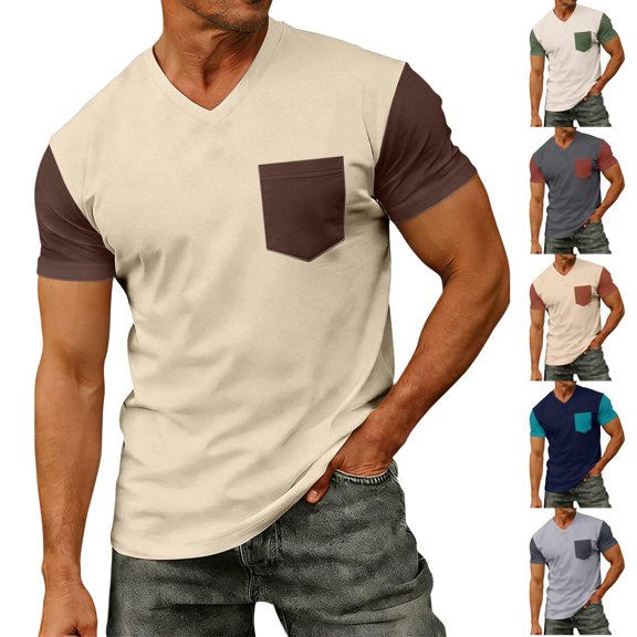 Casual Pocket Tee Shirts Mens V Neck Casual Short Sleeve Summer Basic Oversized Tops Summer Lightweight Plus Size Shirts Coffee L