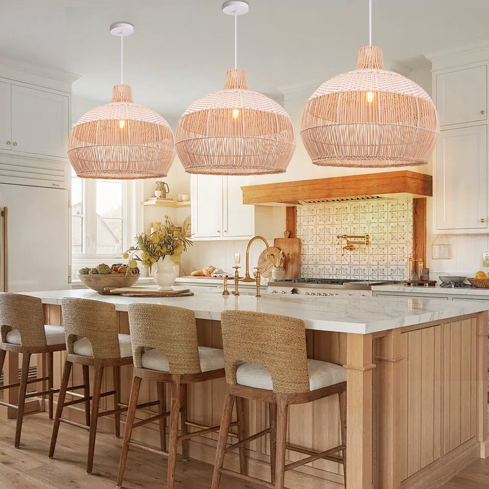 Arturesthome Rattan Pendant Light Fixture Hand-Woven White Wicker Basket Chandelier Boho Faux Rattan Hanging Lamp for Dining Living Bedroom Kitchen