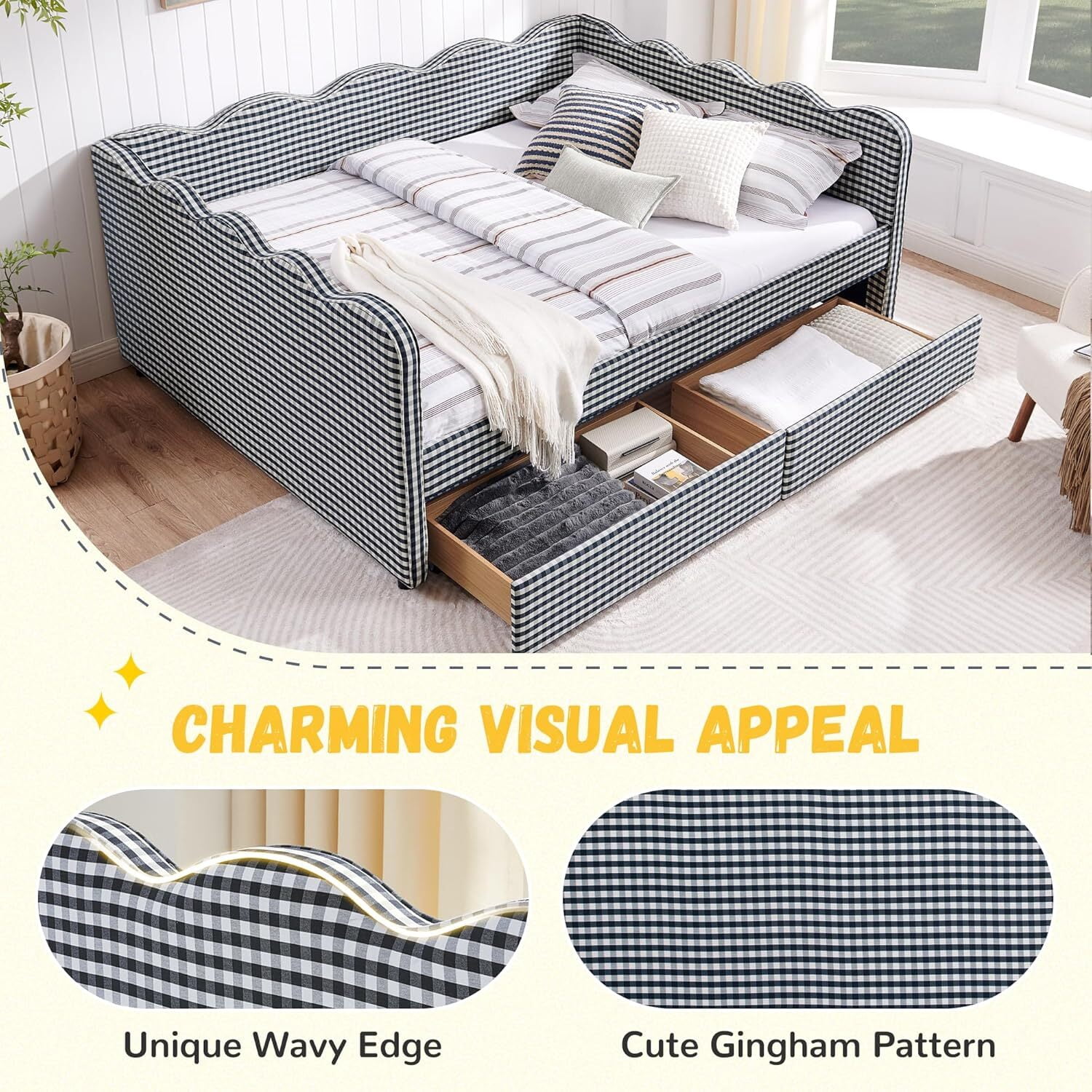 avobird Cozy Gingham Daybed with 2 Storage Drawers Queen Size Sofa Bed for Living Room, Sleeper Sofa with USB Port and Adorable Wave Shaped, Linen Fabric, Navy Blue