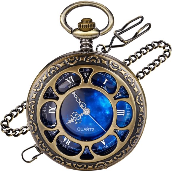 Tiong Quartz Pocket Watch Hollow Steampunk Blue Star Design Roman Numerals Pocket Watch with Chain Christmas Gifts