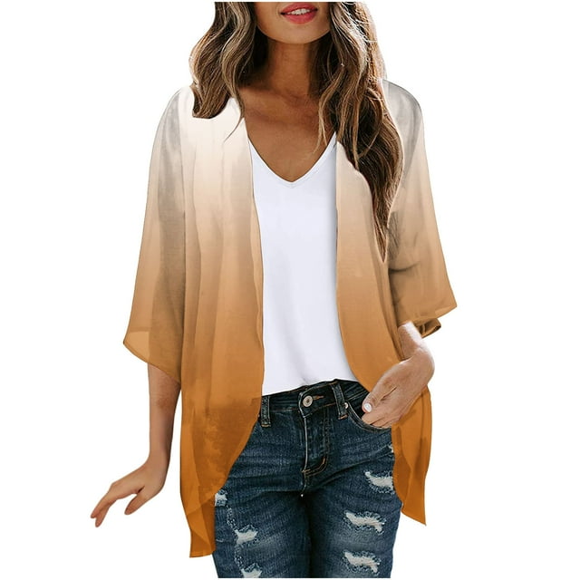 Cárdigan de mujer, blusa informal estampada de manga larga con bolsillo, cárdigan, chaqueta de gasa sin límites para mujer