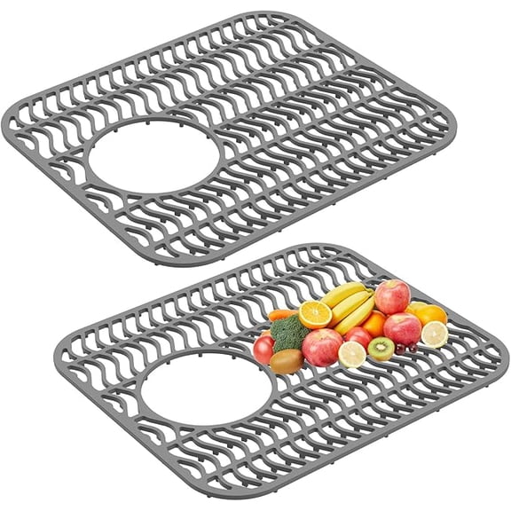 2Pcs Sink Protector Mat Nonslip Kitchen Sink Mat Flexible Silicone Drain Pad Silicone Pad with Drain Hole Dishwasher Safe for Kitchen Tableware Dishes(grey)