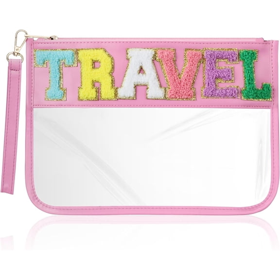 Chenille Letter Clear Flat Makeup Pouch for Travel, Cute  Basg with Zipper, PU & PVC  for Toiletry Beach Snacks, Portable with Wristlet for Women & Girls ()