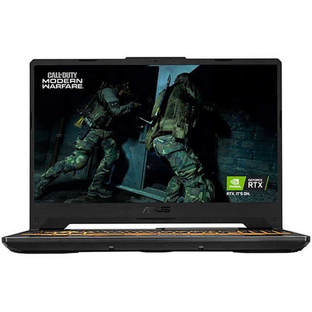 laptop gamer asus tuf geforce rtx 3050 core i5 16gb 1tb 512gb ssd 15.6 asus fx506hc-hn023w-v3 frontal, portátil negro con pantalla 15.6" Full HD IPS antirreflejante mostrando escena de juego, teclado con acentos naranja visibles, chasis angulado y rejillas de ventilación en la base; especificaciones en ficha incluyen Intel Core i5, NVIDIA GeForce RTX 3050 y almacenamiento NVMe total 1.5 TB.