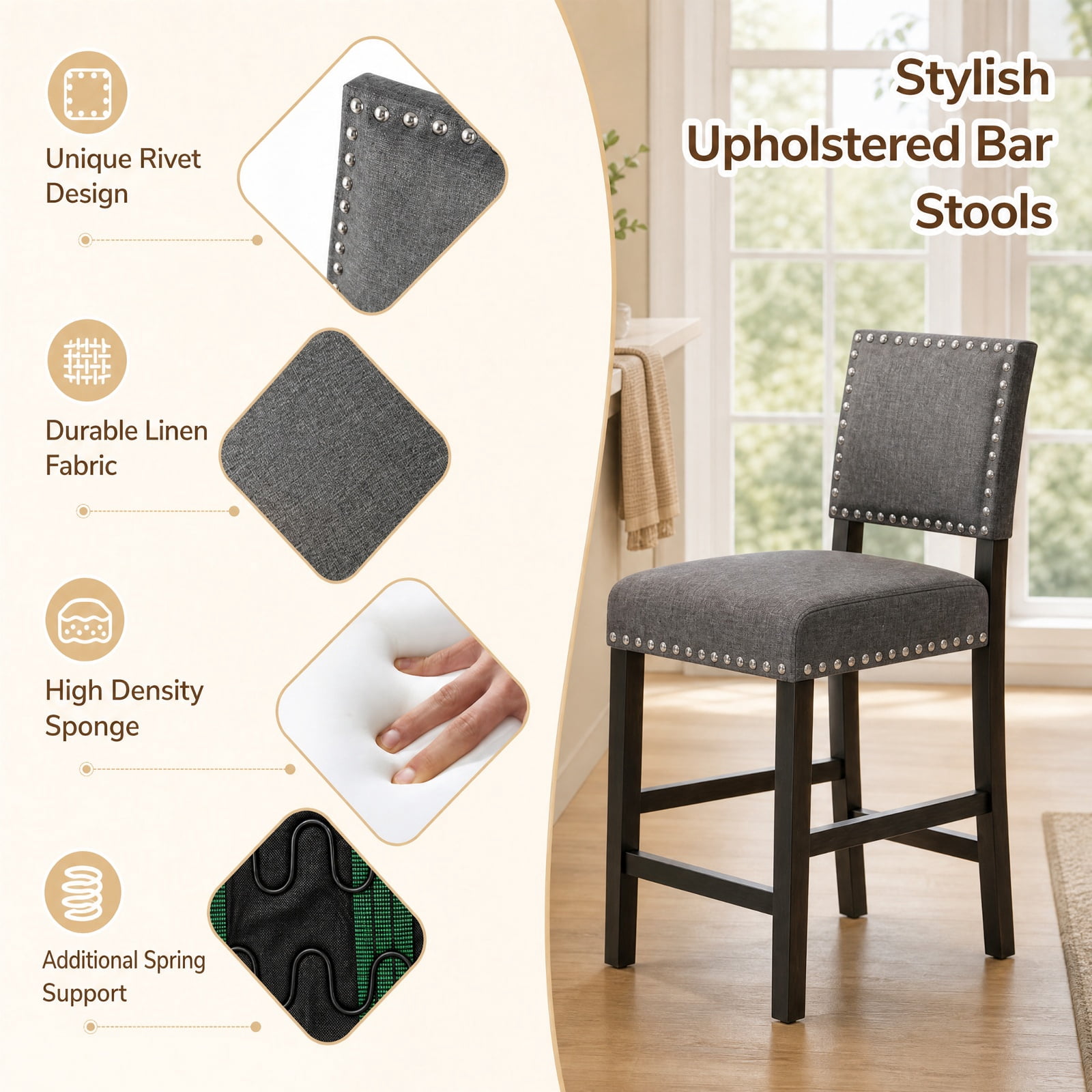 Furnibear 38.5/43.5 Inch Set of 2 Counter Height Chairs with Solid Rubber Wood Frame-S for Kitchen Dining Room Living Room Home, Gray