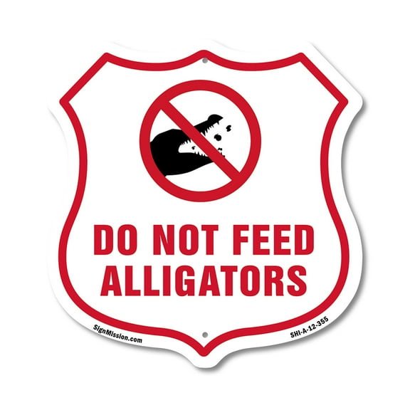 Alligator Warning Shield Sign Do Not Feed Alligators 12 inch X 12 inch Shield-Shaped Rust-Free Aluminum Metal Sign Weather Resistant, UV Protected for Workplace Made in the USA