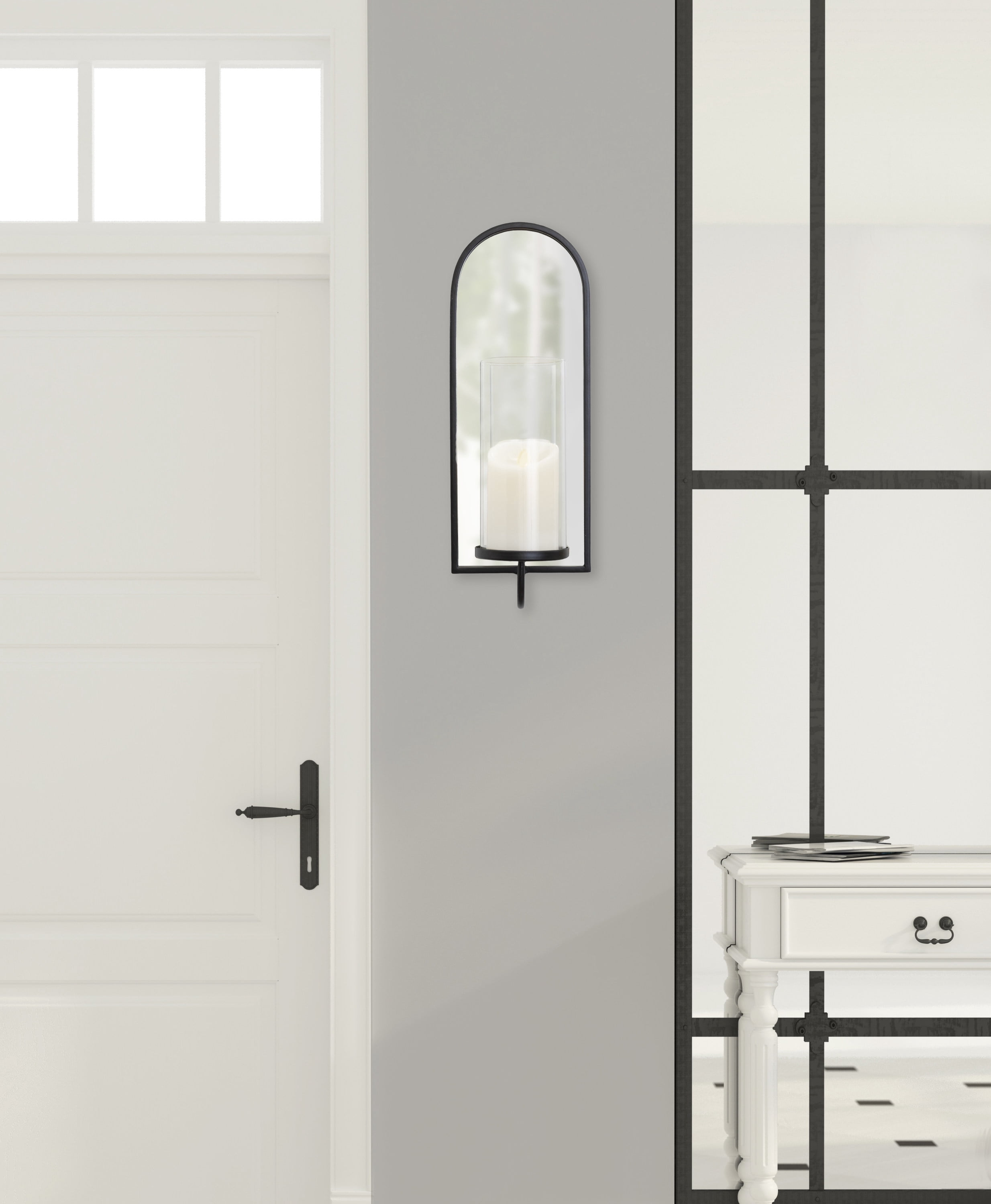 Kate and Laurel Ezerin Arched Mirror Wall Sconce, 6 x 5 x 16, Black, Modern Decorative Wall Sconce Candle Holder