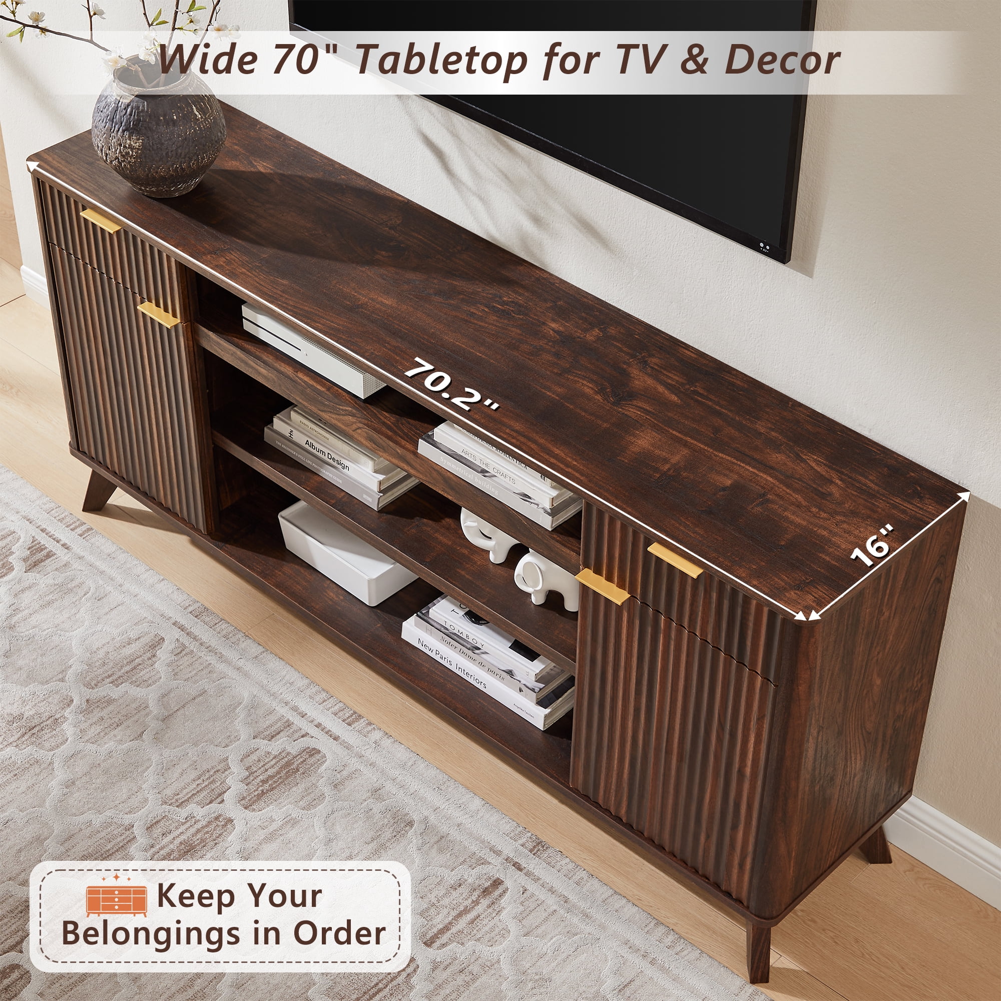 KeyWhat 70" Mid-Century Modern TV Stand for 75" TV, Fluted Doors, Drawers & Adjustable Shelves