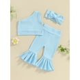 thumbnail image 2 of Toddler Girls Summer Outfits, One Shoulder Ribbed Tops + Elastic Waist Flare Pants + 3D Bow Headband Set, 2 of 8