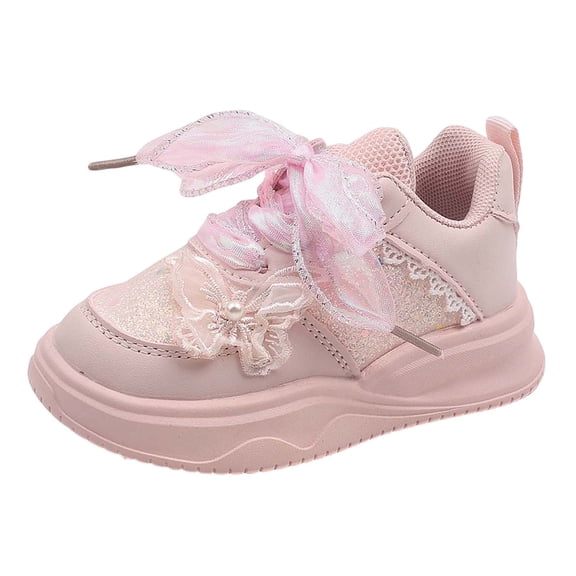 Krdevn Girls Silver Glitter Sneakers with Lace Bow Casual Shoes Size:4-4.5 Years