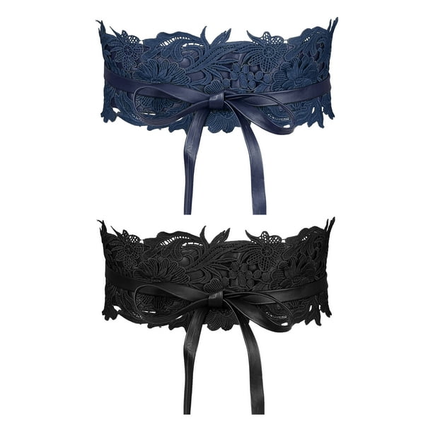 Cinturones de corsé de encaje de 2 piezas para mujeres, con lazo, para vestidos, negro + azul marino, 25.59-31.50