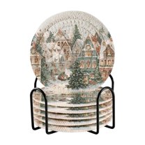 6 Pcs Drink Coasters with Holder 3.94in Woven Coasters for Drinks Cozy Winter Town with Snow Coaster Set for Protection Table
