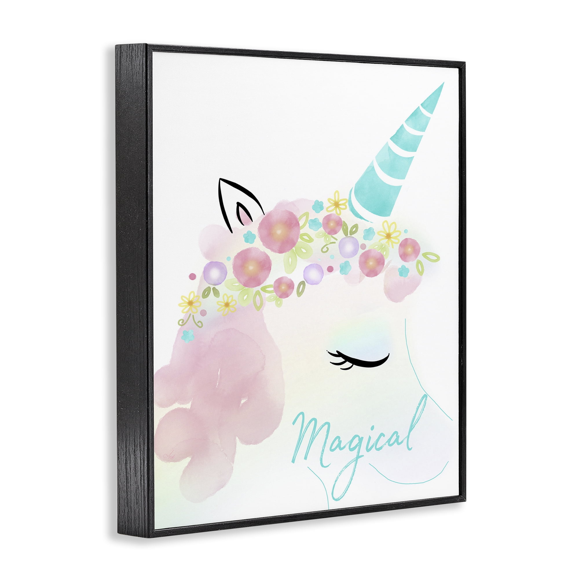 Stupell Industries Magical Floral Unicorn Fairy Tales & Fantasy Painting Black Framed Art Print Wall Art, 24 x 30