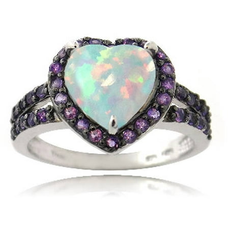 Created White Opal and Amethyst Sterling Silver Heart Ring