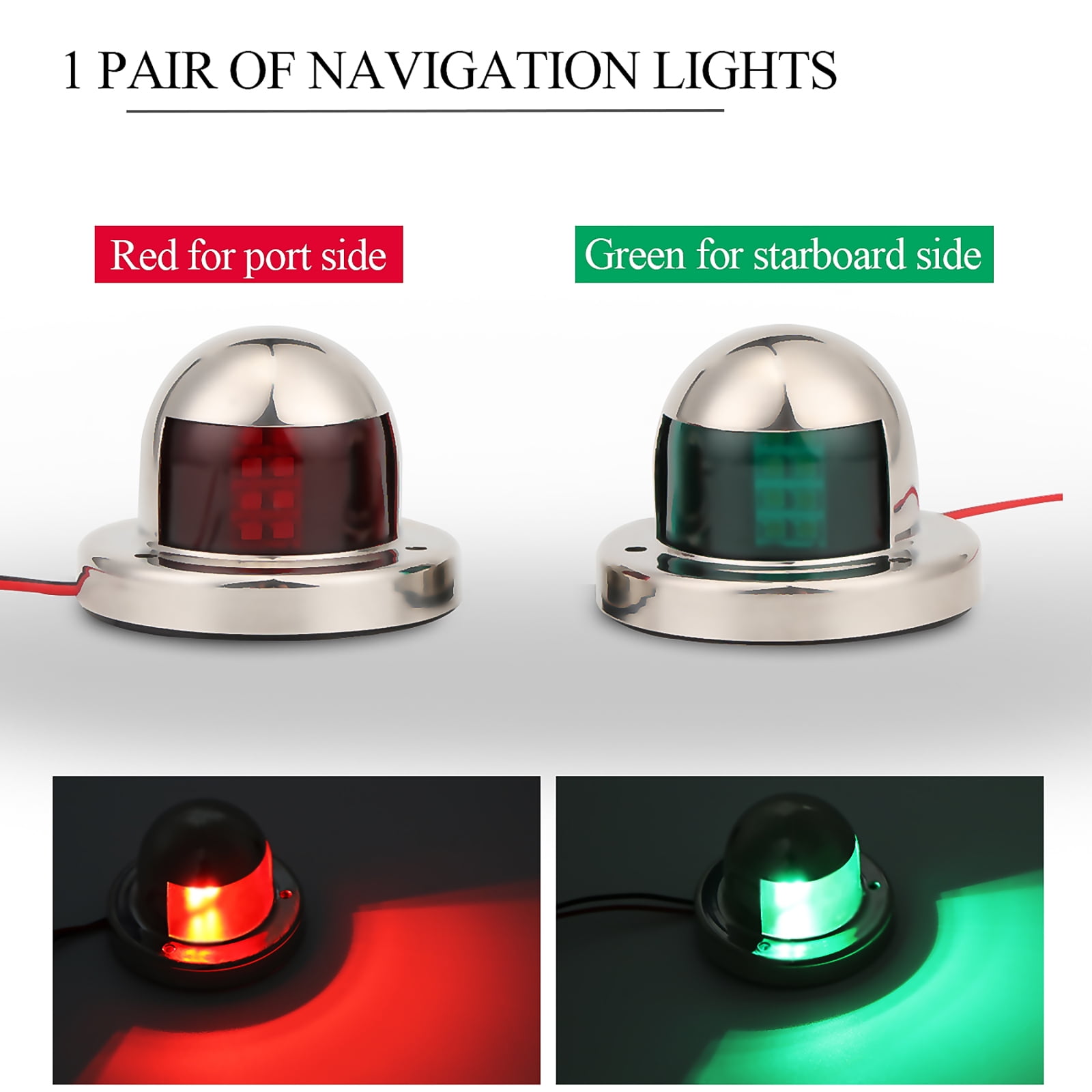 2 Mile Red Portside & Green Starboard LED Boat Navigation Light Pair Silver 