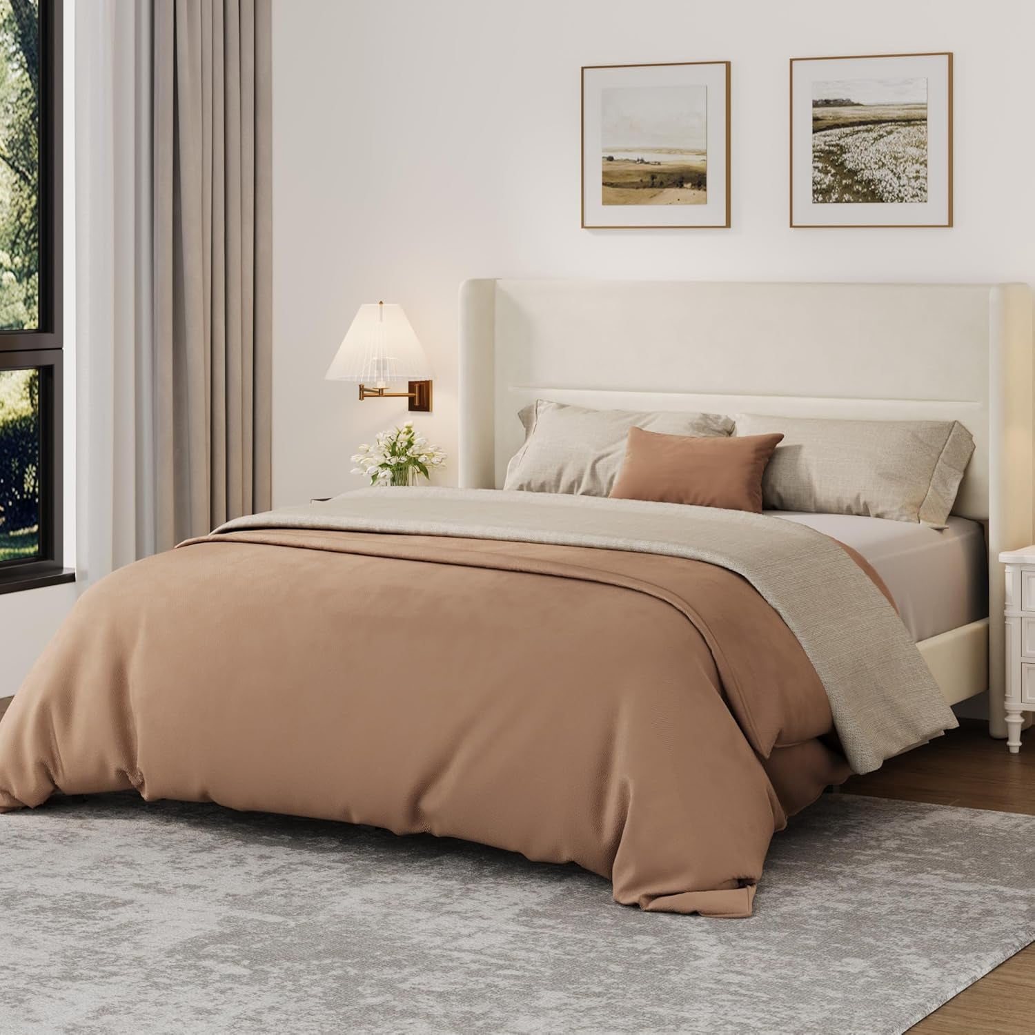 IDEALHOUSE Queen Size Bed Frame with Wingback Headboard, Velvet Upholstered Platform Bedframe with Wood Slats, No Box Spring Needed, Easy Assembly, Beige