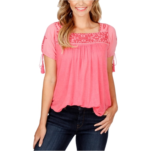 Lucky Brand Blusa de punto flameado bordada para mujer, rosa, grande Lucky Brand Tejer
