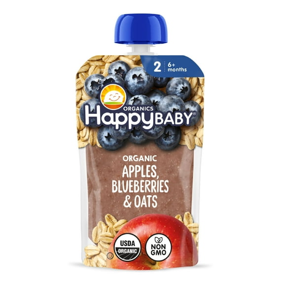Happy Baby Organics, Stage 2 Organic Baby Food, Apples, Blueberries & Oats, 4oz Shelf Stable Pouch