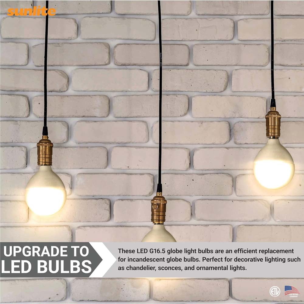 Sunlite G16.5 Light Bulb, LED, 5W (40W Equiv.), 350 Lumens, Dimmable, E12 Base, 3000K, Frosted, 6 Ct, ETL