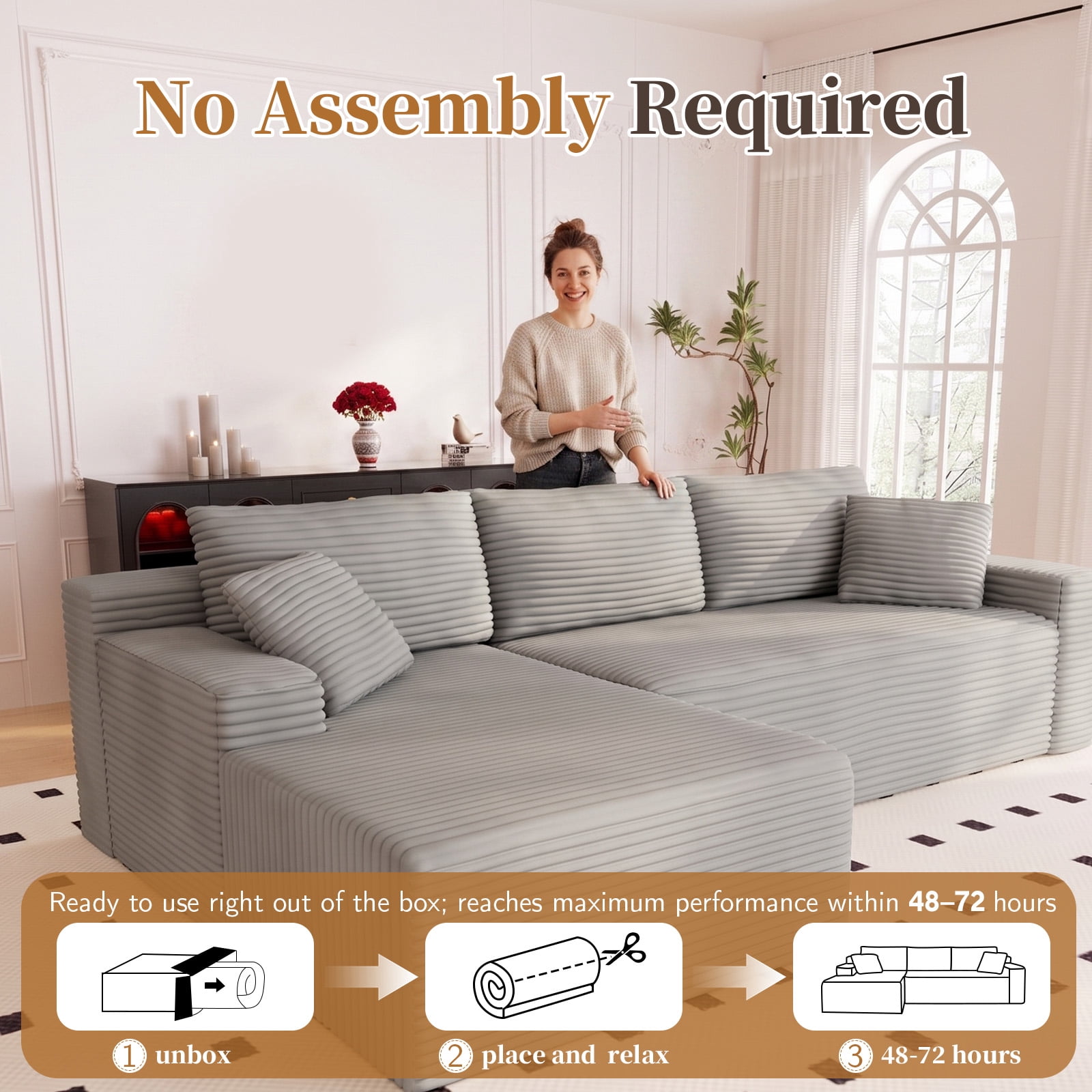 Lunale 105" Modular L-Shaped Sectional Sofa, Boneless Cloud Couch, No Assembly Required, Modern Deep Seat Corduroy Sofa for Living Room, Light Grey (Left Facing Chaise)