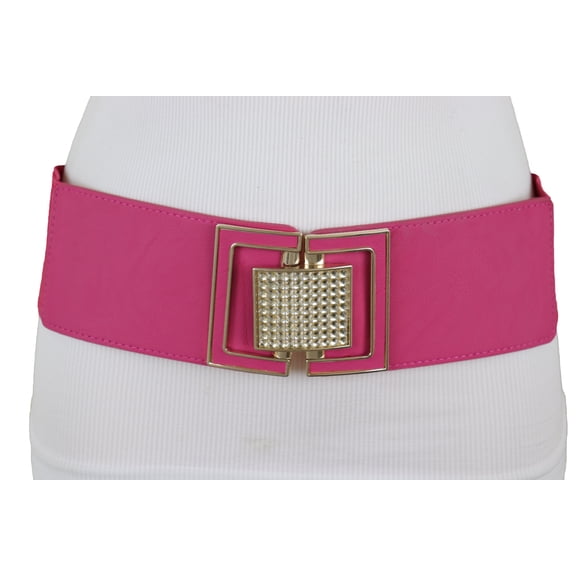 Women Pink Color Elastic Waistband Belt Gold Square Buckle S M
