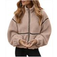 thumbnail image 2 of Women's Fleece Jacket, Oversized Zip Up Winter Coat, Soft Plush Outerwear, High Collar Warm Jacket, Casual Winter Coat, Fall Fashion Jacket, Pocket Detail Coat Beige L, 2 of 6