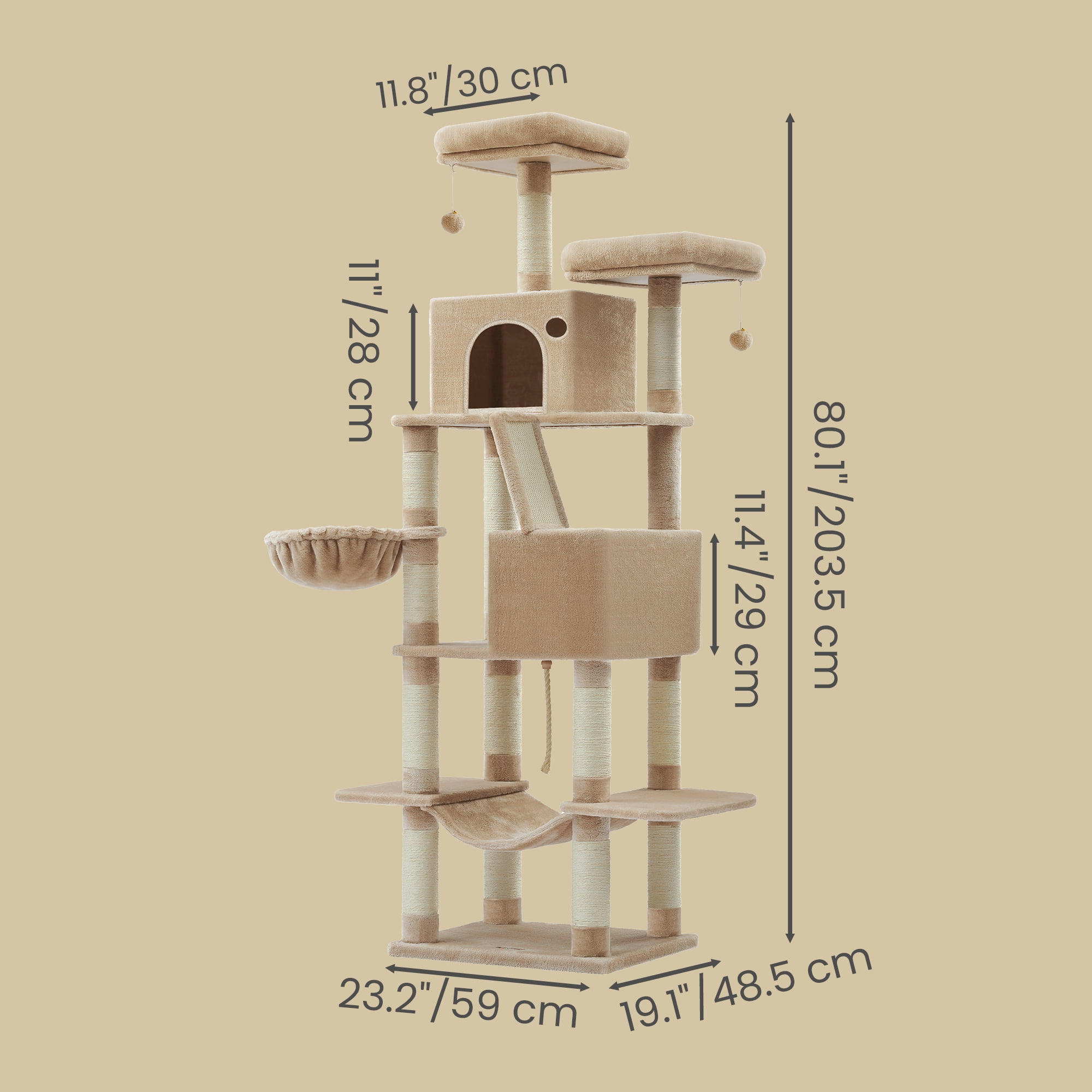 LEDREM 81.1-Inch Large Cat Tree Tower, Multi-Level Cat Condo with 13 Scratching Posts, 2 Perches, 2 Caves, Hammock & Basket, Camel Brown