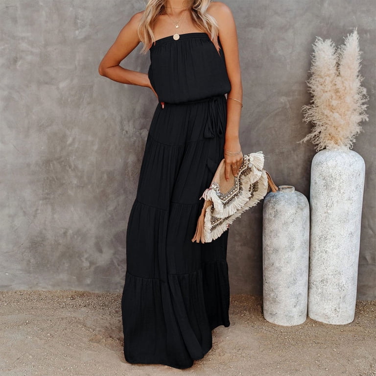 APEXFWDT Women's Strapless Bandeau Summer Long Dress Off Shoulder Beach  Maxi Dress Bohemian Backless Flowy A Line Long Maxi Dress - Walmart.com