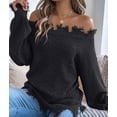 thumbnail image 4 of Women'S Solid Color Openwork Long-Sleeved Sweater, Off-Shoulder Knit Pullover Black L, 4 of 9