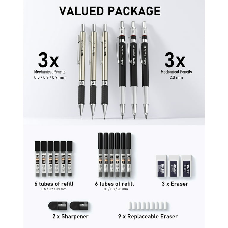 Nicpro 0.5 mm Mechanical Pencils Set with Case, 3PCS Professional Meta