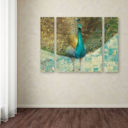 Trademark Fine Art "Teal Peacock on Gold" Canvas Art by Danhui Nai Three Panel Set