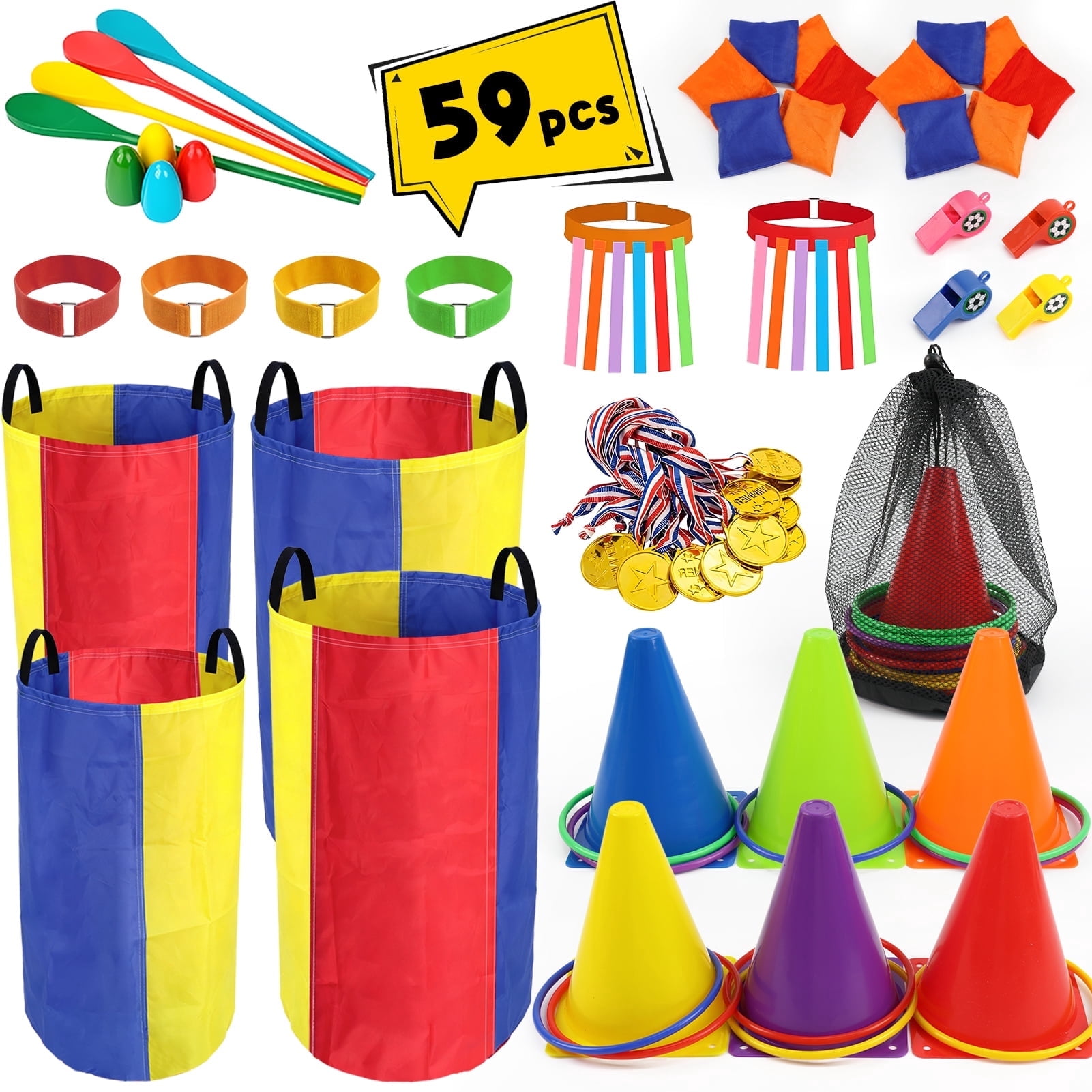 KiddiTouch 59 Pcs Potato Sack Race Bags,Outdoor Carnival Field Day Games for Adults,Bean Bags, Soft Plastic Cones,Ring Toss Set,Egg and Spoon Race 3 Legged Race Bands,Outdoor Games