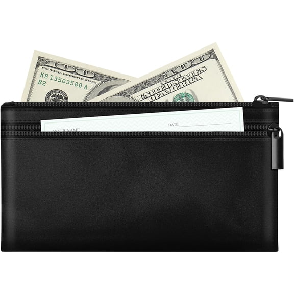 Money Bag with Zipper Money Pouch with Lined PU Leather Bank Bag Two Pockets Utility Wallet for Cash Check Receipt Coins Cosmetics