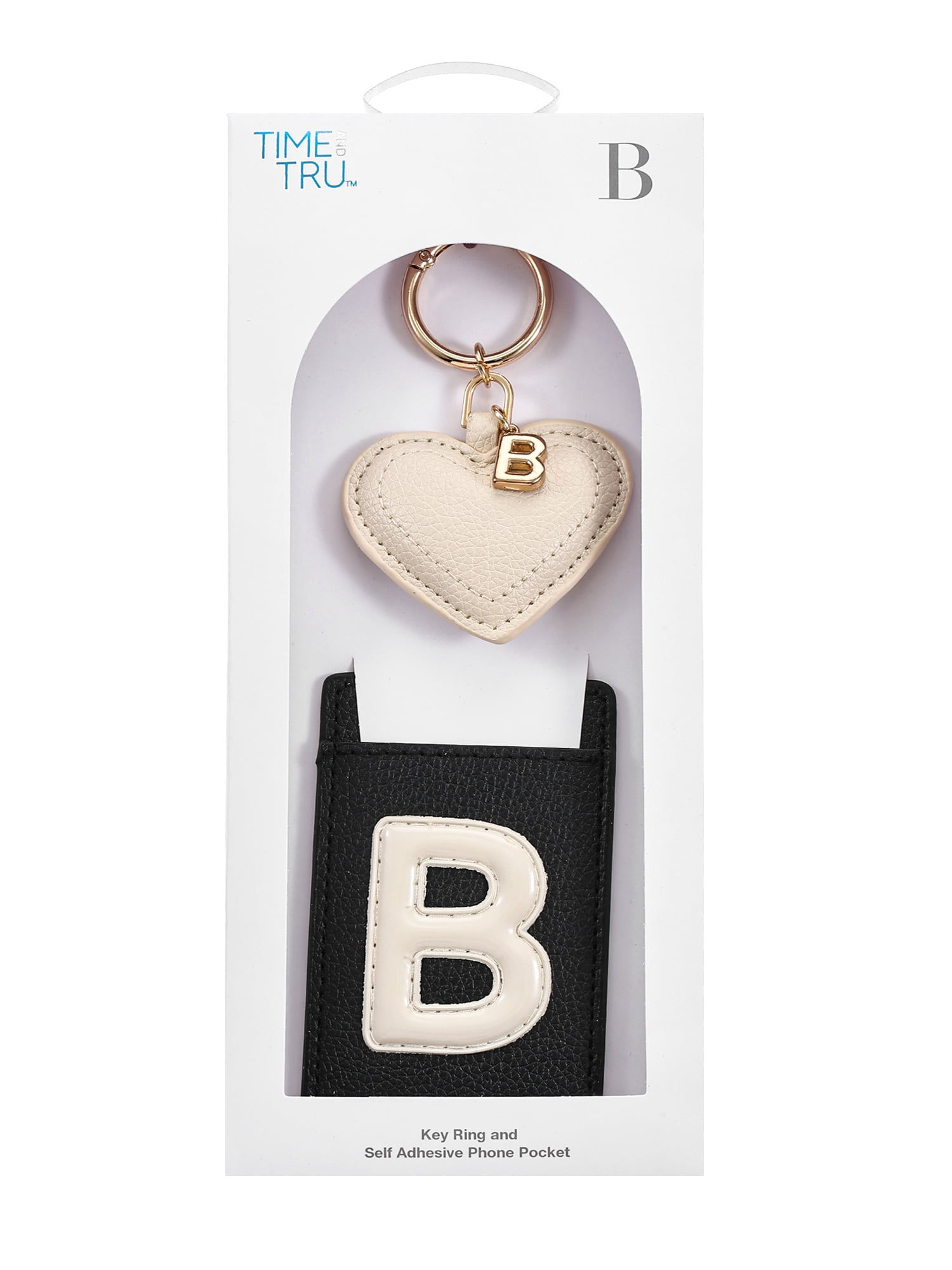Time and Tru Goldtone and Faux Leather Heart-Shaped Keyring and Adhesive Phone Wallet, Initial Letter B, 2 Pieces, Black and Ivory