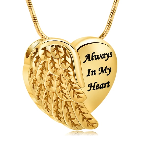Stainless Angel Wing Heart Urn Pendant Necklace For Ashes - Aaways In My Heart Memorial Keepsake Cremation Jewelry for Women Men Gift