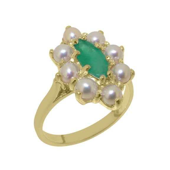 LBG British Made 9k Yellow Gold Natural Emerald & Cultured Pearl Womens Statement Ring - 33 size options - Size 10
