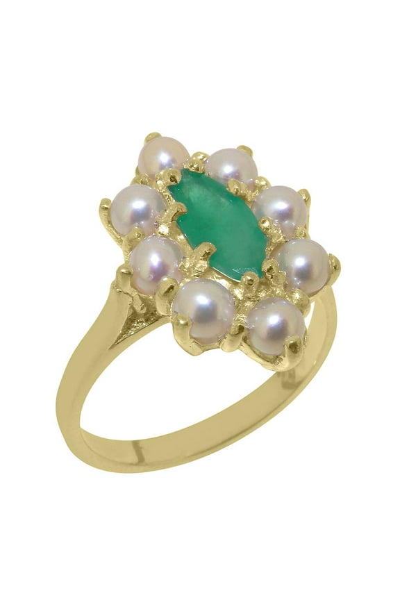 LBG British Made 14k Yellow Gold Natural Emerald & Cultured Pearl Womens Statement Ring - 33 size options - Size 9